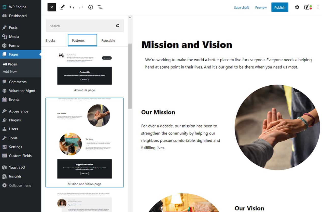 Screenshot of the back end of a web page with the Mission and Vision pattern selected