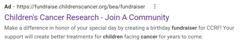 Screenshot of a Google Ad for the Childre's Cancer Research Fund