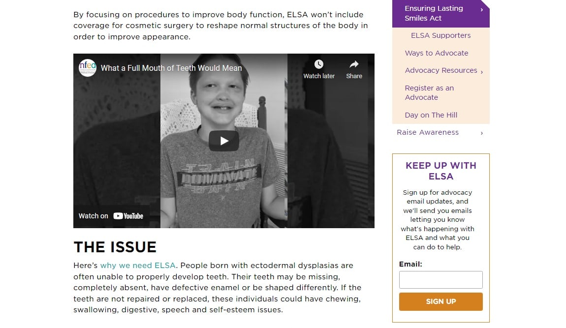 Screenshot of an NFED advocacy page with a sidebar CTA entitled "Keep Up With ELSA" that reads "Sign up for advocacy email updates, and we'll send you emails letting you know what's happening with ELSA and what you can do to help."