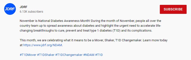 Screenshot of JDRF video description that includes a link and hashtags