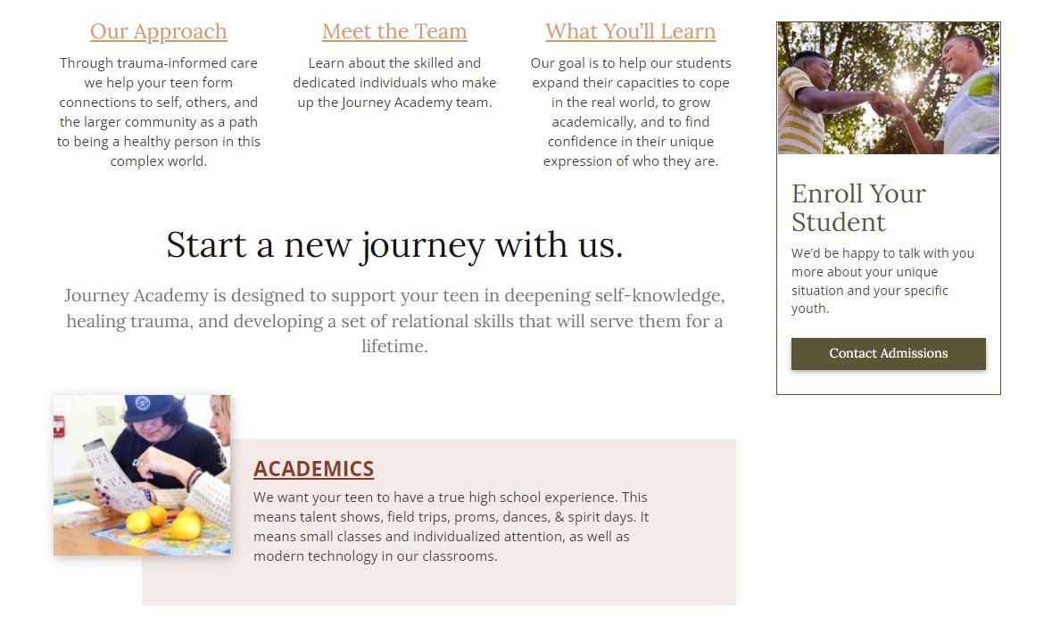 Screenshot of the school landing page with a sidebar CTA entitled "Enroll Your Student" with text that reads, "We'd be happy to talk with you more about your unique situation and your specific youth."