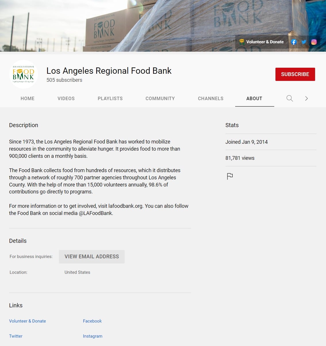 Screenshot of LA Regional Food Bank channel description