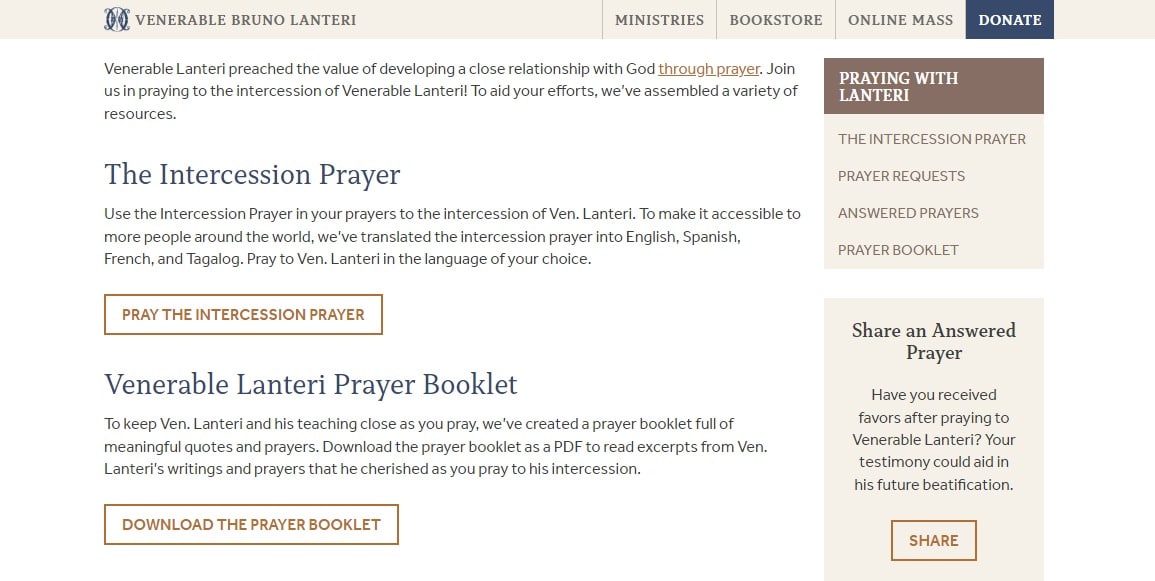 Screenshot of the prayer page with a sidebar CTA entitled "Share an Answered Prayer" with the text "Have you received favors after praying for Venerable Lanteri? Your testimony could aid in his future beatification."