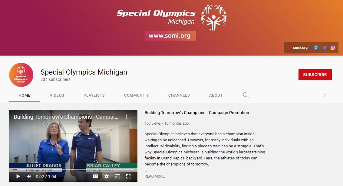 Screenshot of Special Olympics Michigan YouTube banner featuring their www.somi.org link