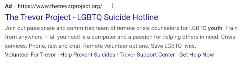 Screenshot of a Google Ad for the Trevor Project
