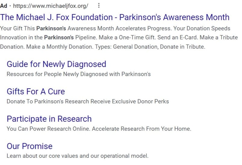 Screenshot of a Google Ad for the Michael J. Fox Foundation showing multiple sitelink extensions below the ad content