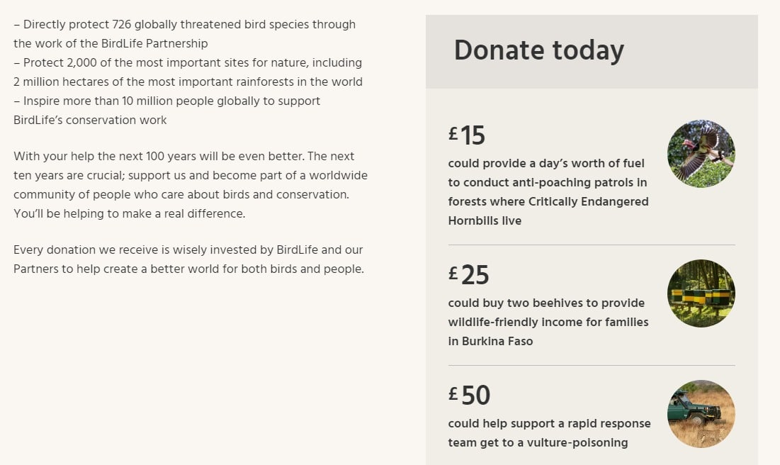 screenshot of Bird Life International donate page givng levels/image
