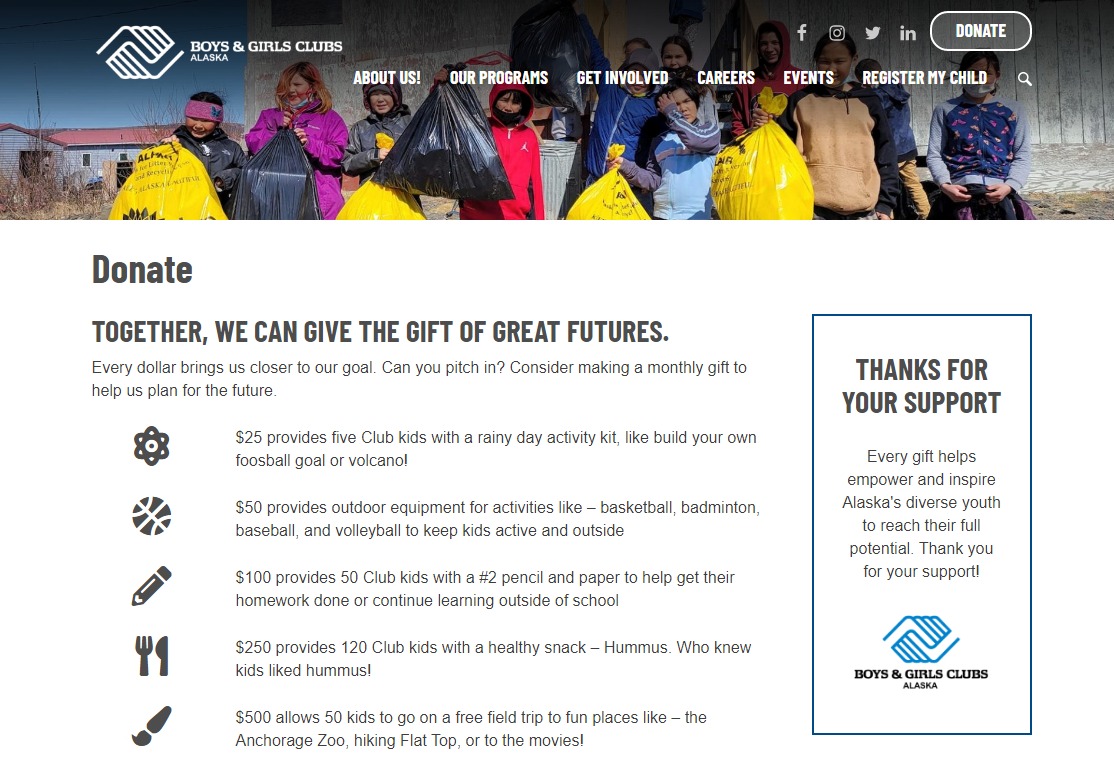 screenshot of BGC Alaska donate page with levels