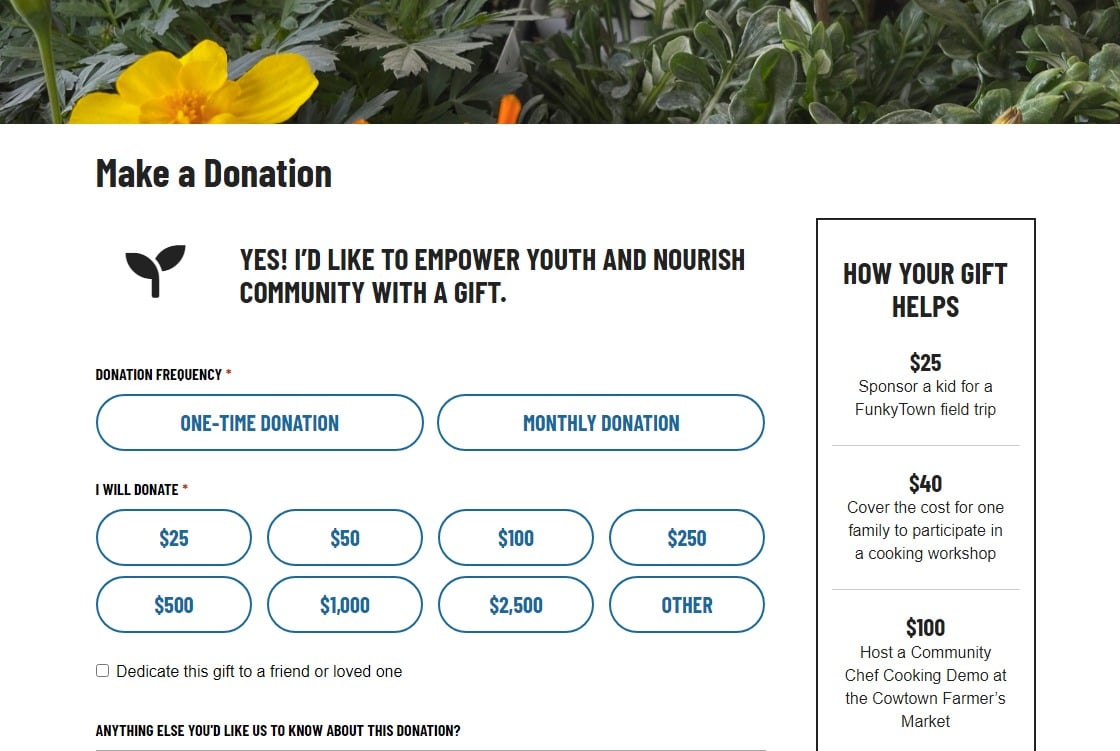 screenshot of the FunkyTown Food Project donate page with sidebar of giving levels