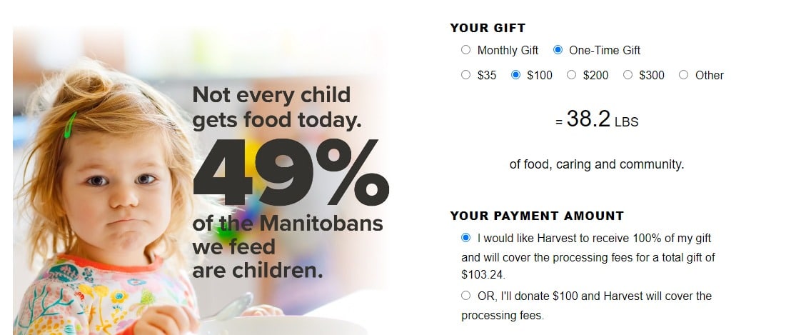 screenshot of Harvest Manitoba giving page levels