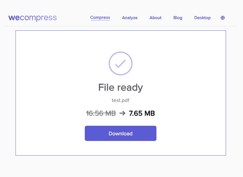A screenshot of the WeCompress tool highlighting a file that has been compressed and is ready for download