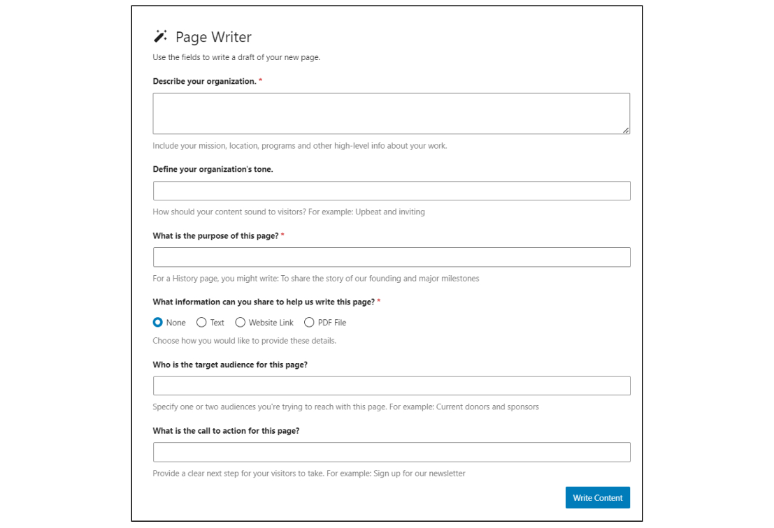 A screenshot of the Page Writer with all fields shown