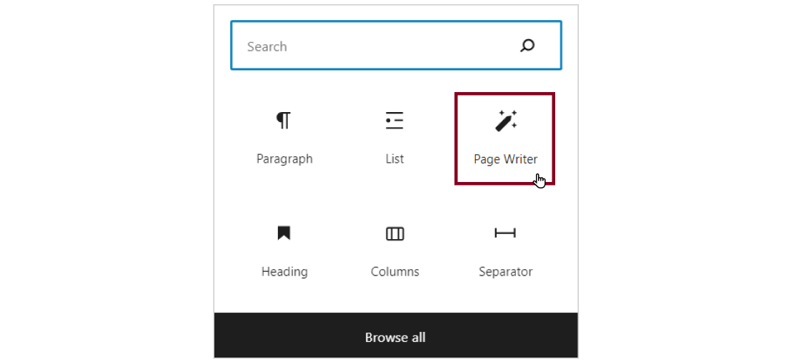 A screenshot of the block selector, highlighting the Page Writer block