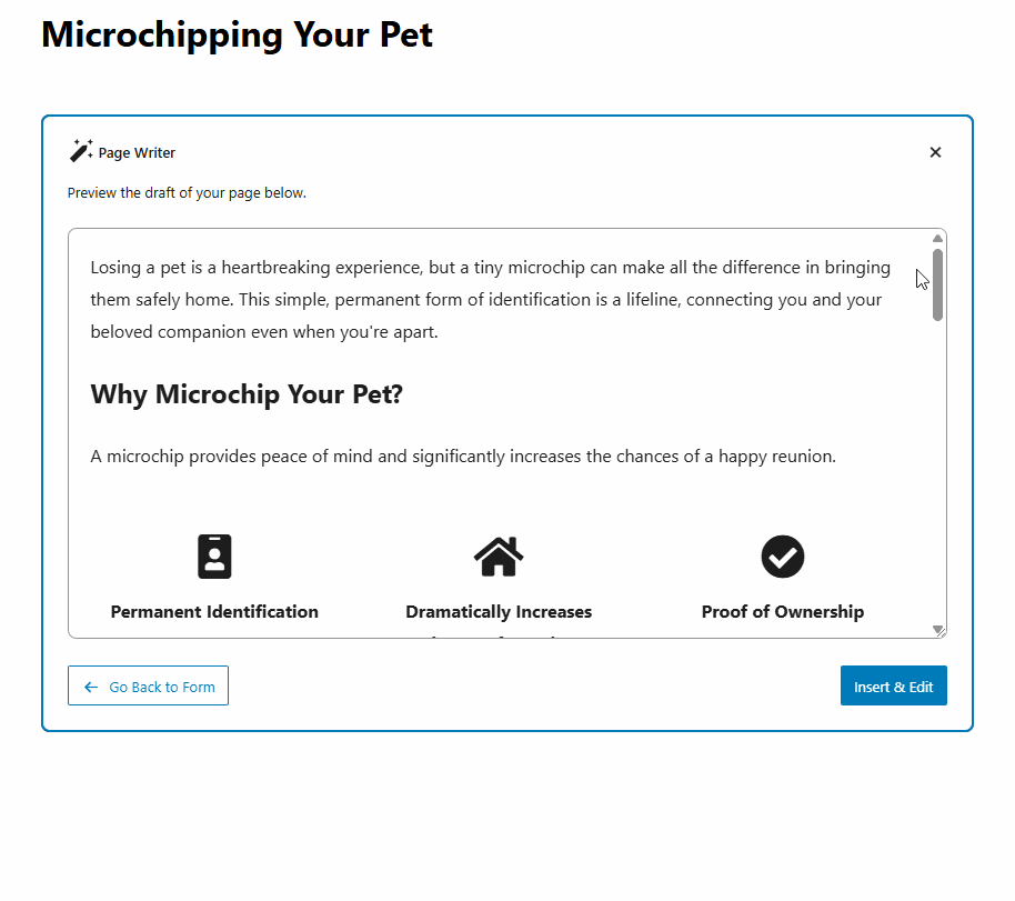 A gif showing a preview of the page with the option to Insert & Edit