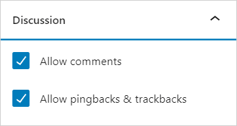 A screenshot of the "Discussion" section, showing two options: "Allow comments" and "Allow pingbacks & trackbacks"