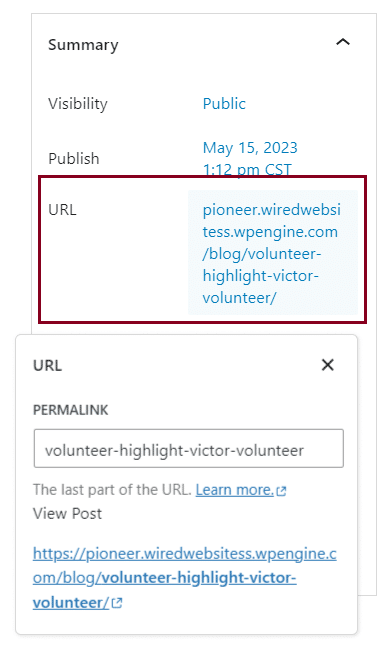 A screenshot of the right sidebar highlighting the URL field