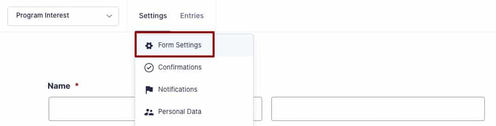 A screenshot of the settings menu highlighting the Form Settings option