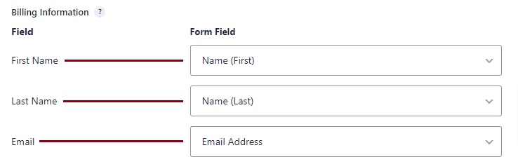 Screenshot of the Billing Information settings showing dropdown menus to match form fields to information required by PayPal.
