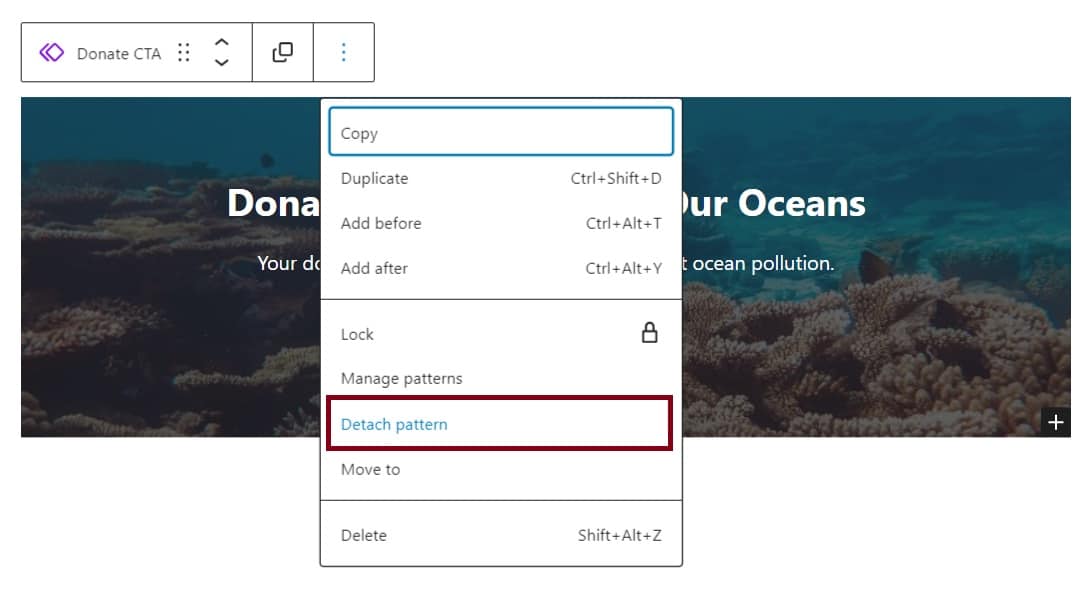 A screenshot of a Donate CTA block's options highlighting the 'Detach Pattern' feature.