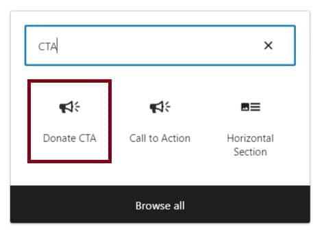 A screenshot of the block library highlighting the Donate Call to Action block icon.
