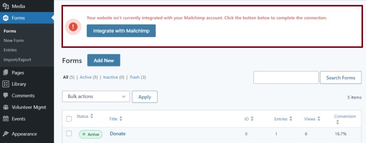 A screenshot showing a notice that the user's website isn't currently integrated with their Mailchimp account. It prompts the user to click the "Integrate with Mailchimp" button to complete the connection.