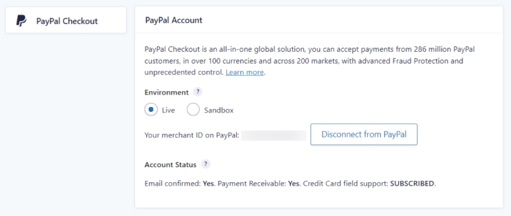 Screenshot of a successful PayPal Checkout connection. It includes information about the Environment used and the Account Status.