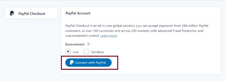 Screenshot of the PayPal Checkout settings page. The button to connect with PayPal is highlighted.