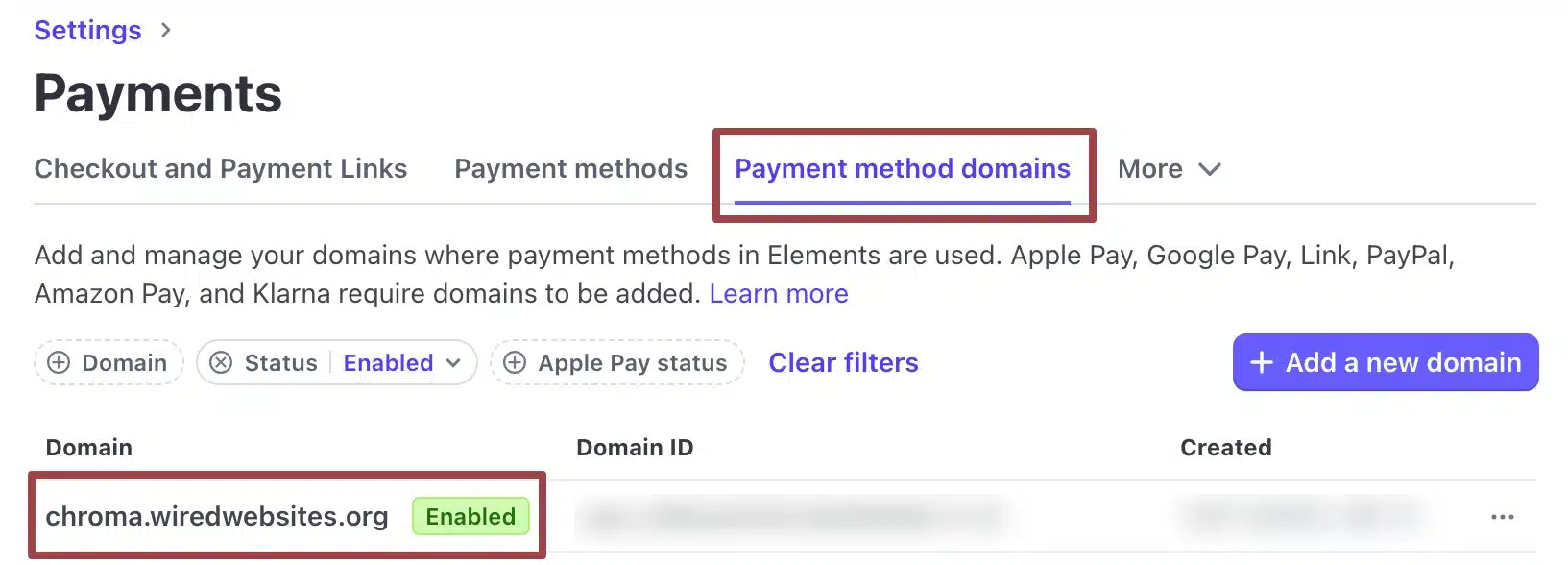 Screenshot of the Payment method domains settings with a domain successfully enabled