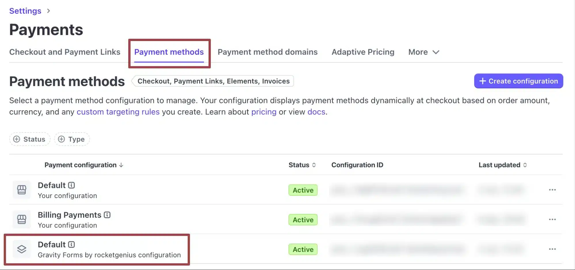 Screenshot of the Payment methods settings with the Default Gravity Forms by rocketgenius configuration selected from the dropdown
