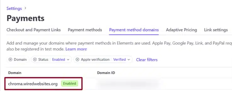 Screenshot of the Payment method domains settings with a domain successfully enabled