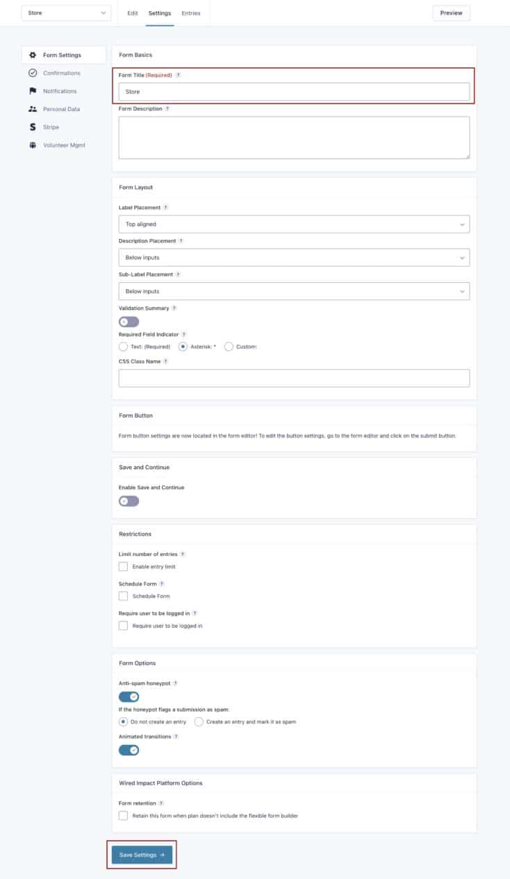 A screenshot of a Form settings page highlighting the Form Title field and Save Settings 