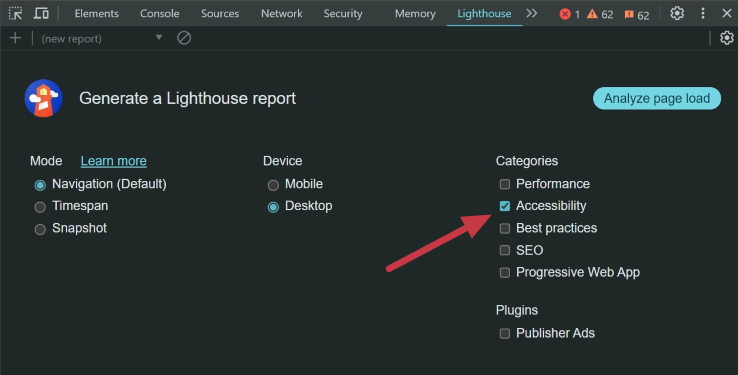 Screenshot of settings screen to run a Chrome Lighthouse report