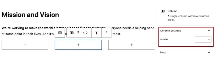 A screenshot of the Columns settings highlighting the percentage width  under “Columns”