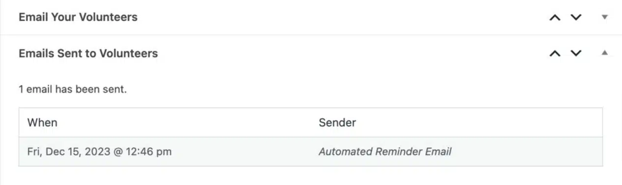 A screenshot of the 'Emails Sent to Volunteers' section