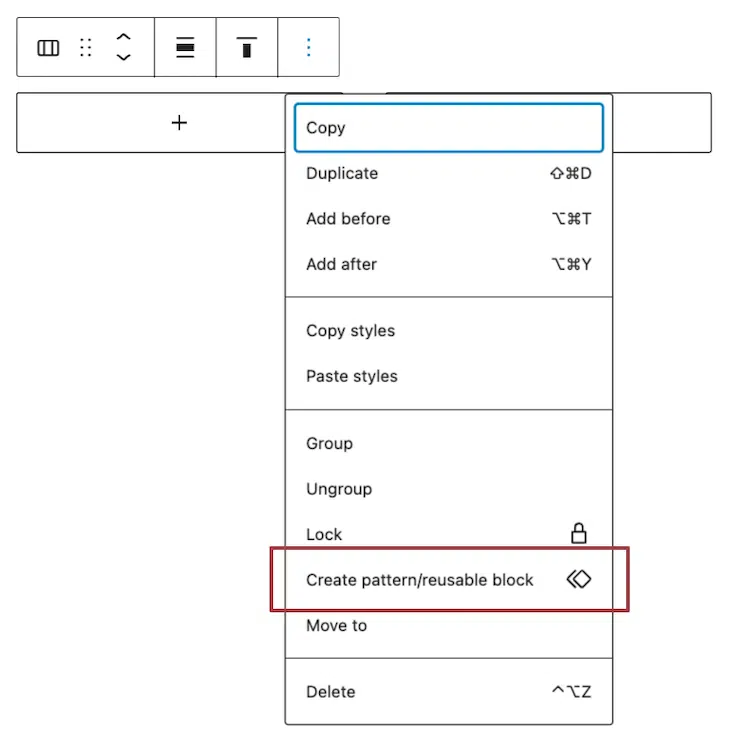 A screenshot highlighting the 'Create pattern/reusable block' option