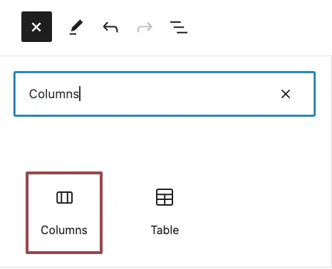 A screenshot of the Layout Elements highlighting the Columns block icon