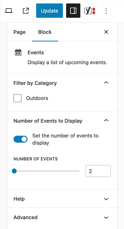 Screenshot of the Events block settings