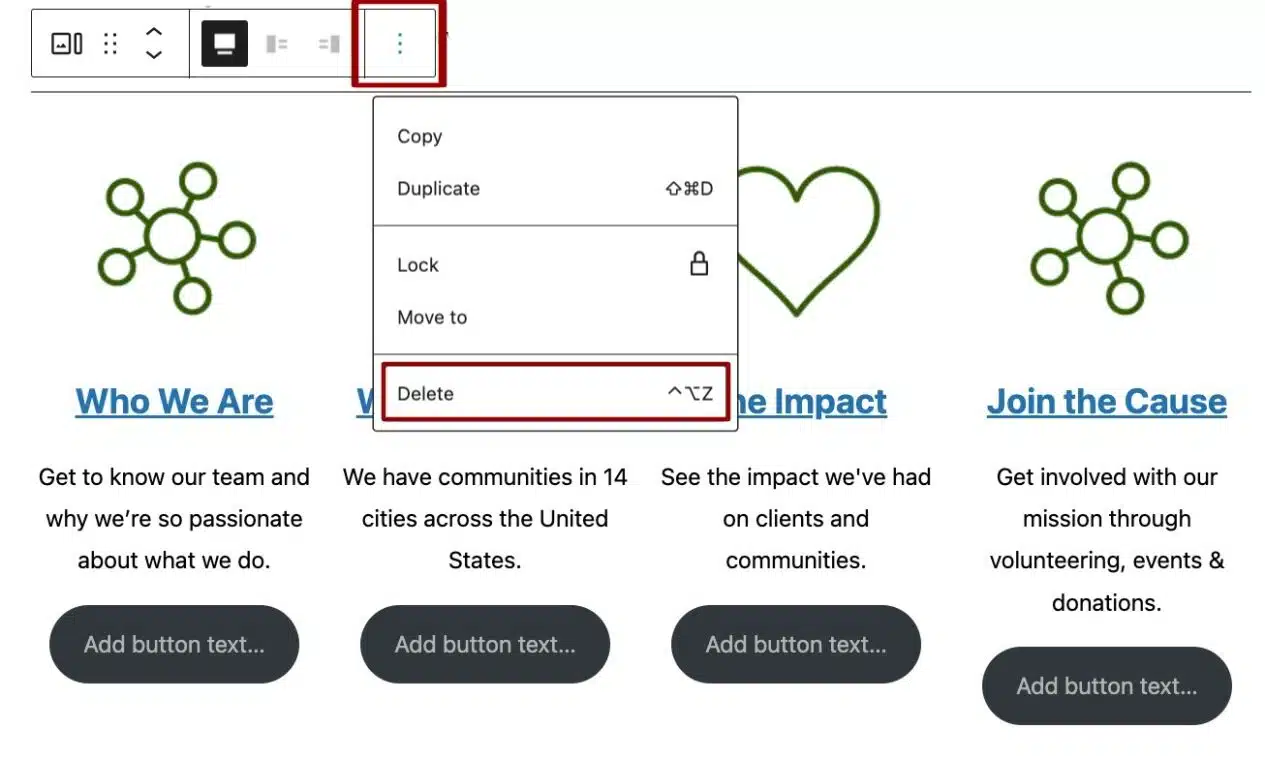 Screenshot highlighting the three vertical dots in the block toolbar with the delete option selected