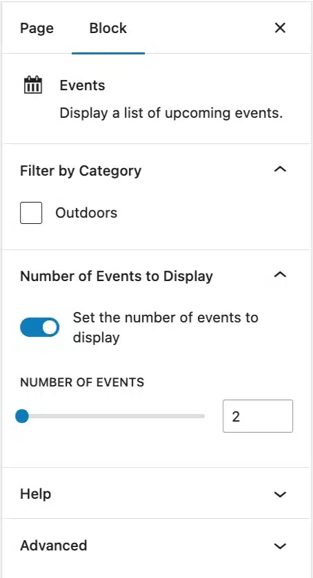 A screenshot of the Events block settings 