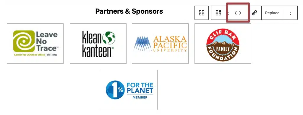 A screenshot of the Logos block highlighting the left and right arrow on the toolbar