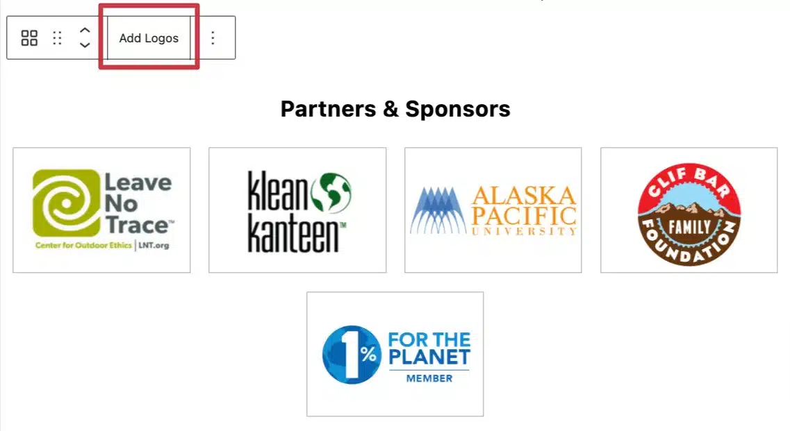 A screenshot of the Logo block, highlighting the Add Logos options on the toolbar