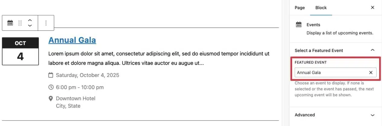 A screenshot of an event block and its settings