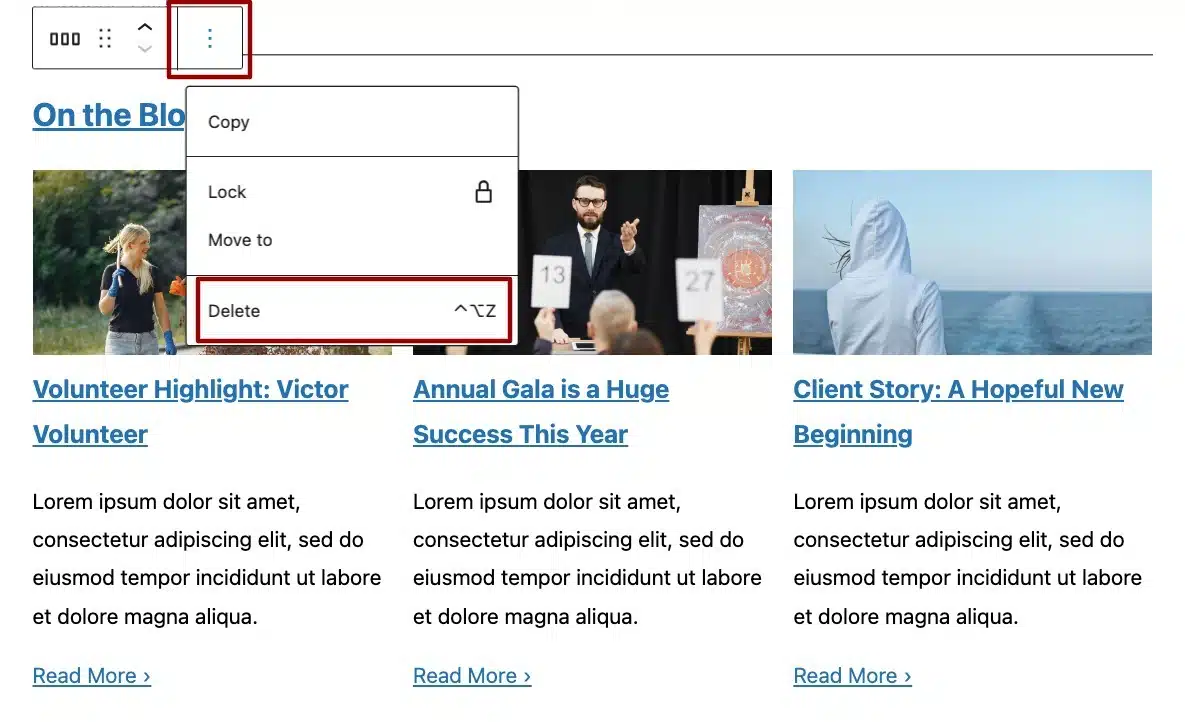 A screenshot highlighting the three dots from the toolbar and the delete option