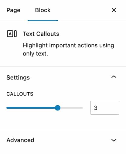 Screenshot showing the Text Callout block settings