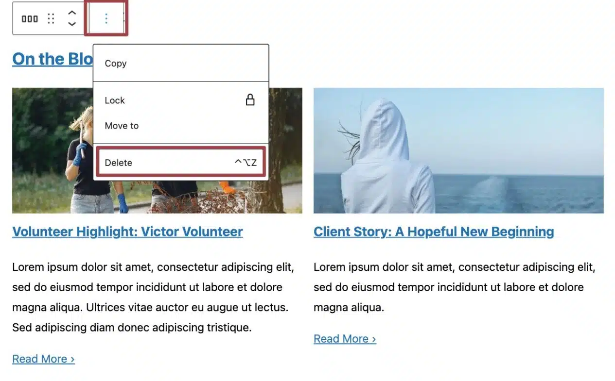 A screenshot of a block highlighting the three vertical dots within the block toolbar and the delete option