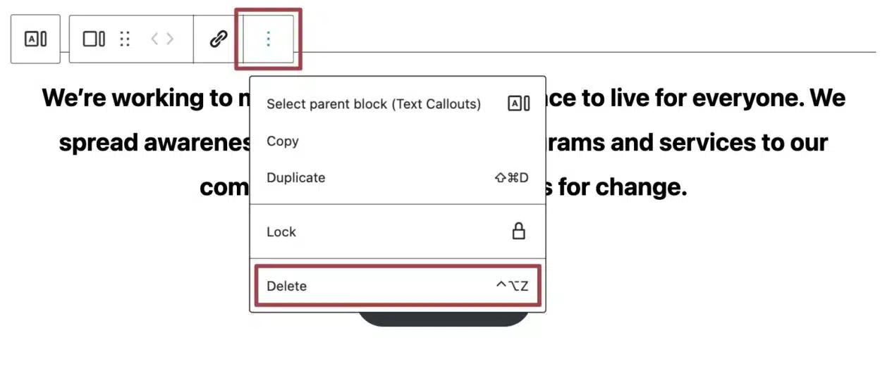 A screenshot of a block, highlighting the three dots and the delete option. 