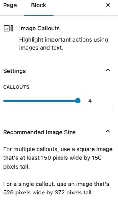 Screenshot showing the Image Callout block settings