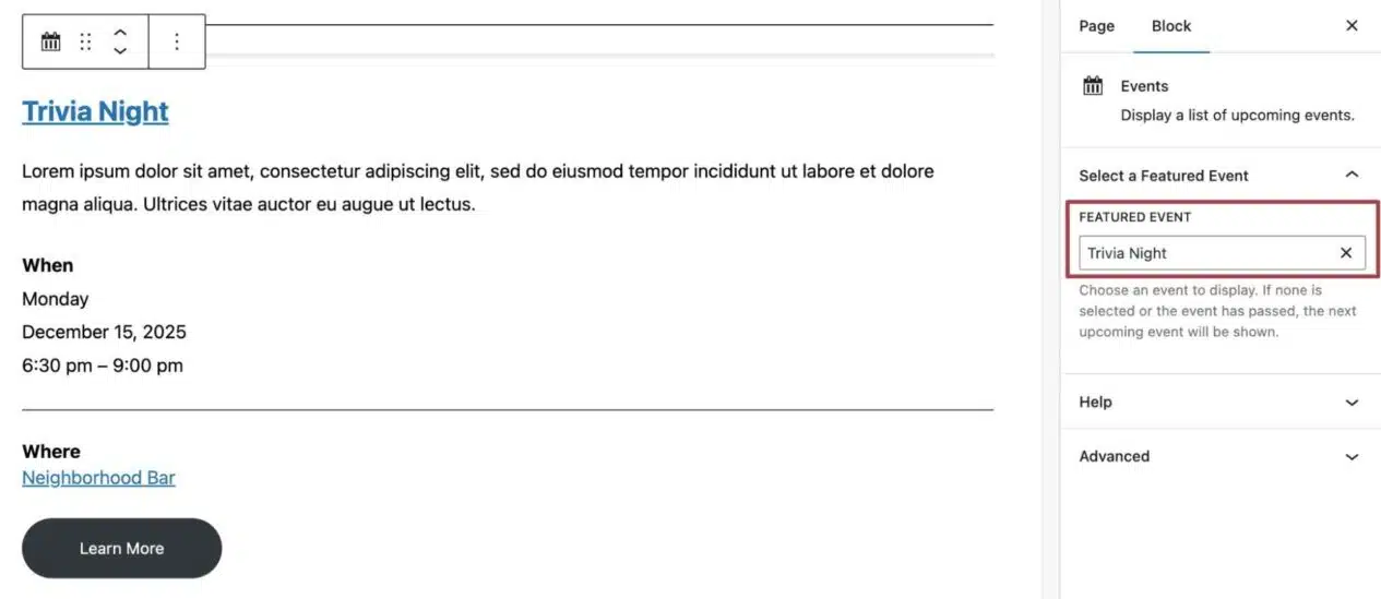 A screenshot of the Events block, highlighting the Featured Event on the block settings