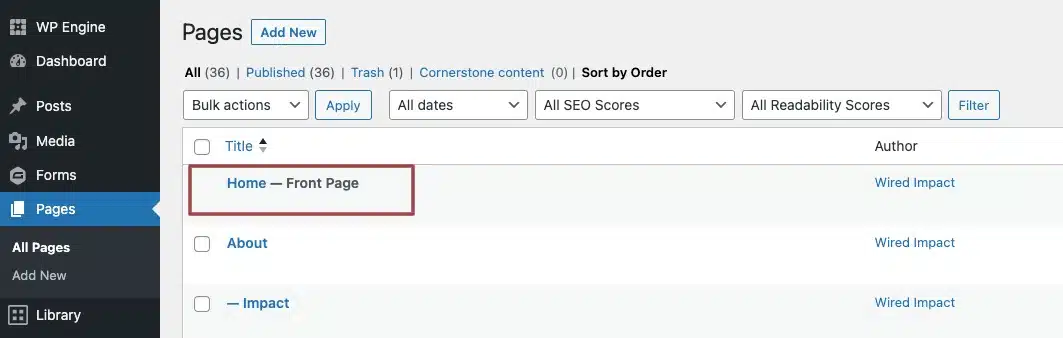 A screenshot of the Pages section in the backend, highlighting the Home - Front Page.
