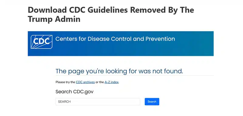 Screenshot from the Centers for Disease Control and Prevention that says "The page you're looking for was not found."